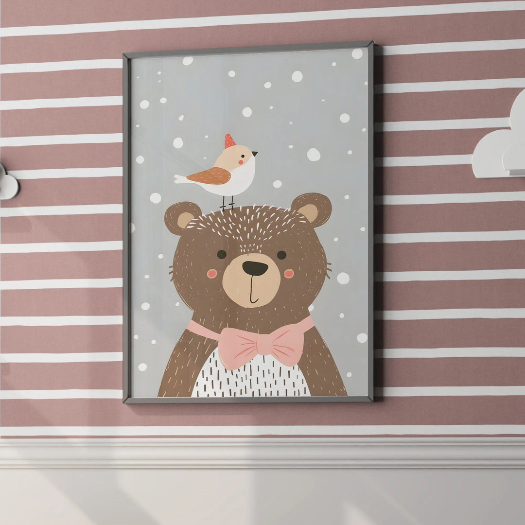 Bear with Bird Nursery Poster – Cute Kids Room Wall Art with Snow - iCustomLabel