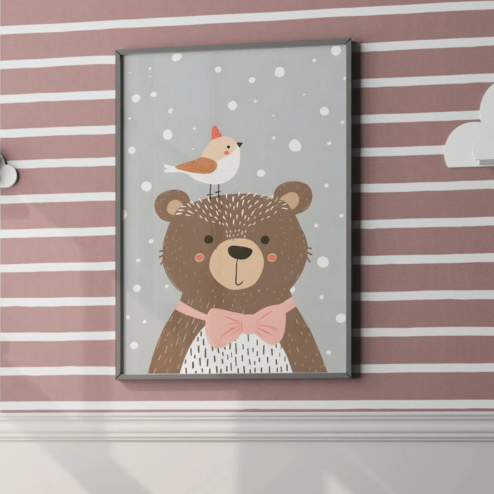 Bear with Bird Nursery Poster – Cute Kids Room Wall Art with Snow - iCustomLabel