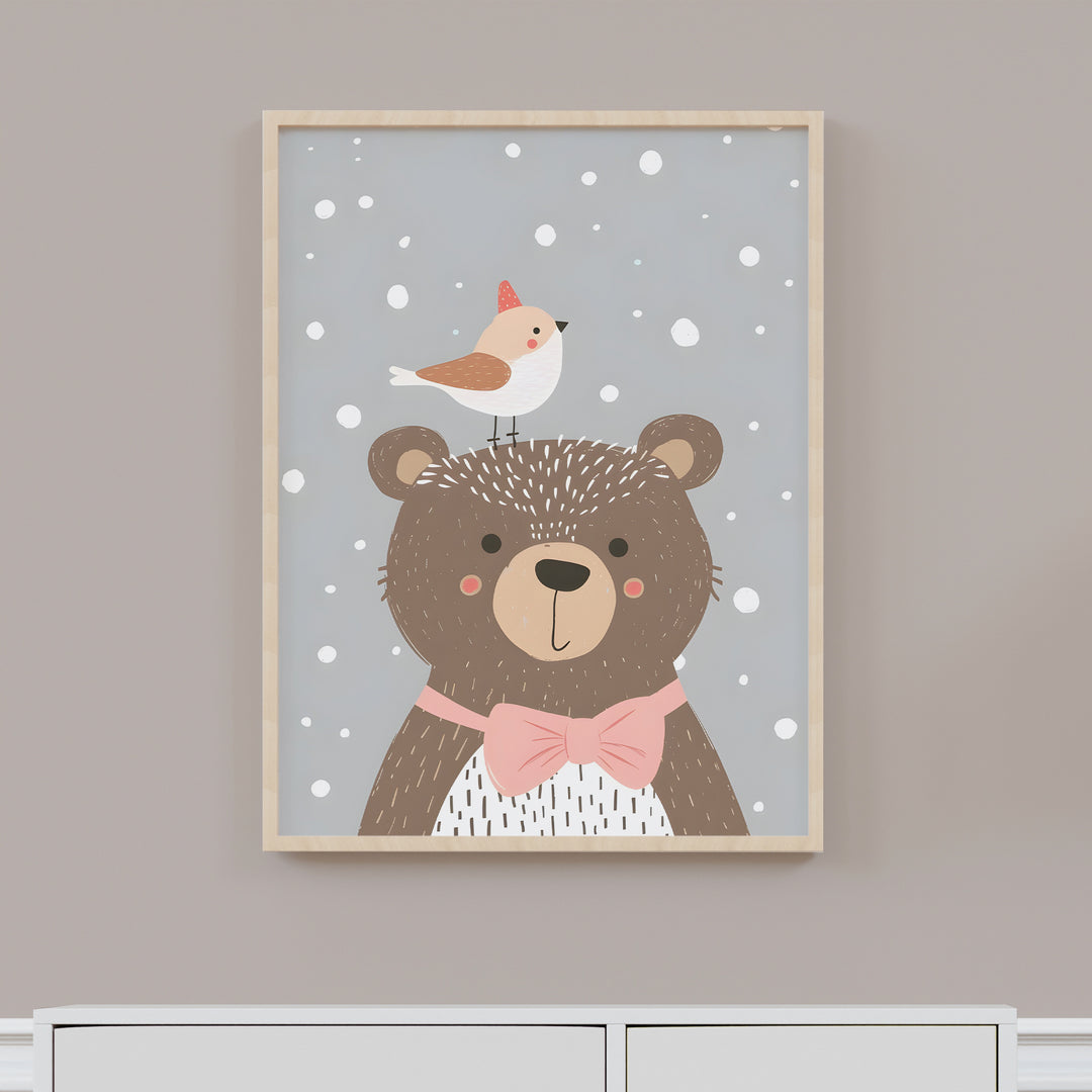 Bear with Bird Nursery Poster – Cute Kids Room Wall Art with Snow - iCustomLabel