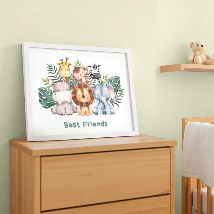 Children's nursery wall art with cute animal friends illustration and "Best Friends" text