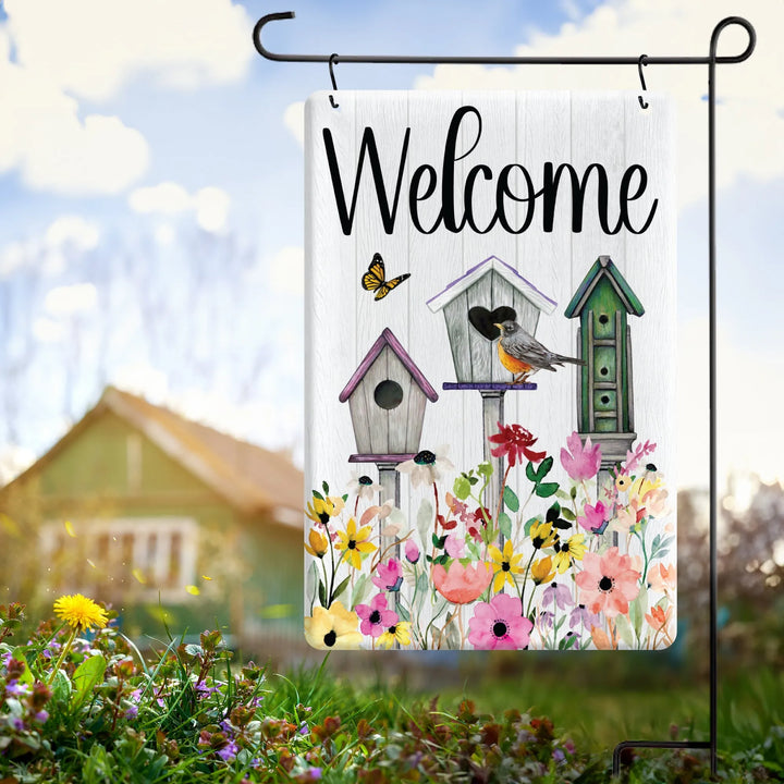 Welcome garden flag with birdhouses, robin, colorful flowers, and a butterfly on metal stand