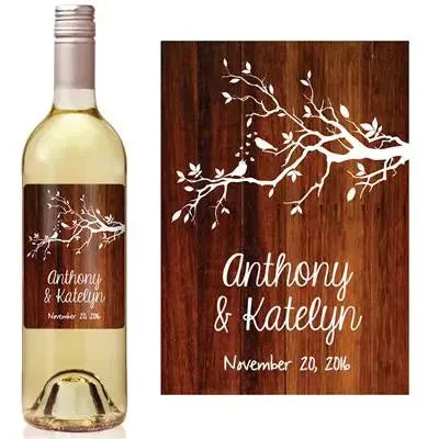 Birds Wood Wedding Wine Label - iCustomLabel