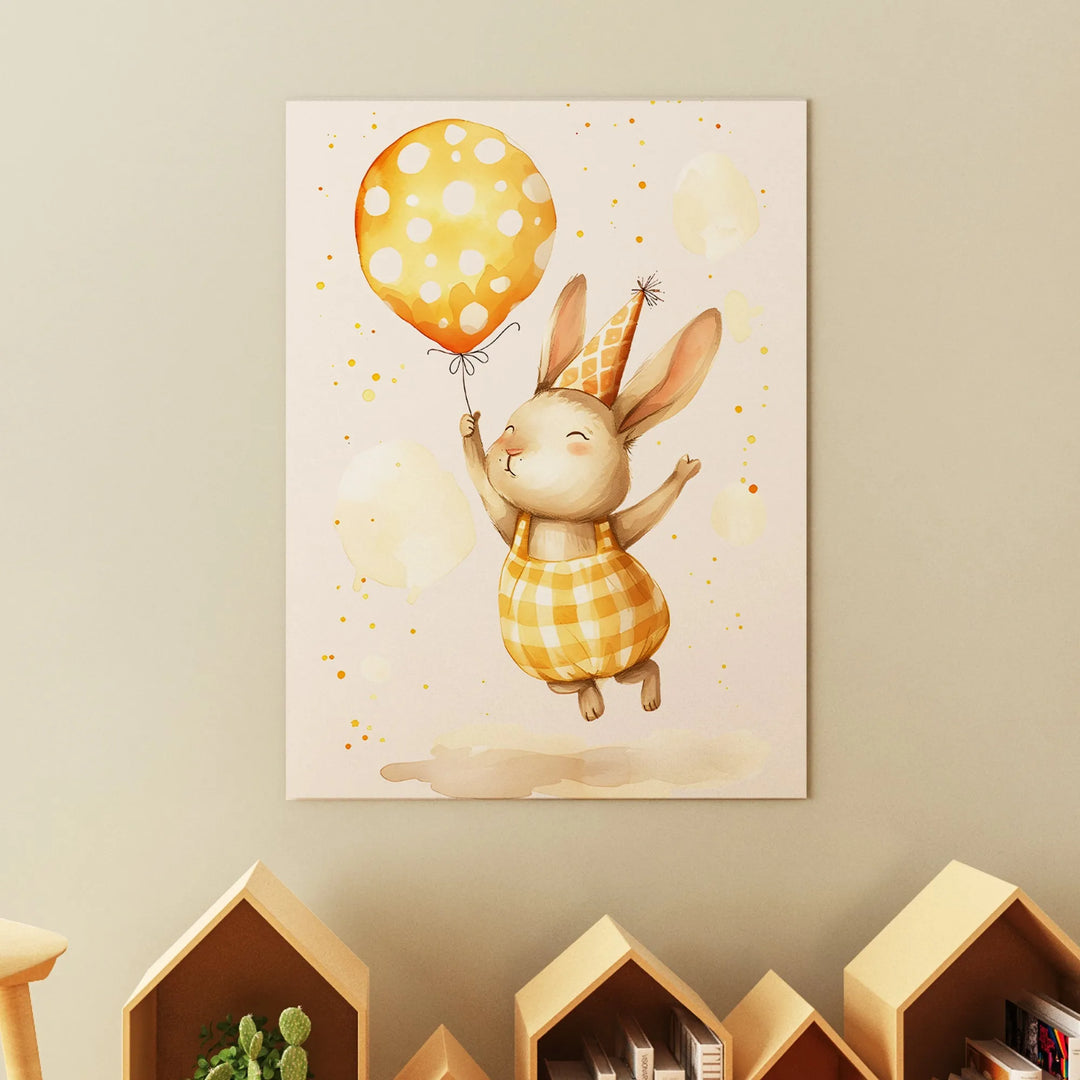 Cute nursery wall art of a bunny in a party hat holding a yellow polka dot balloon