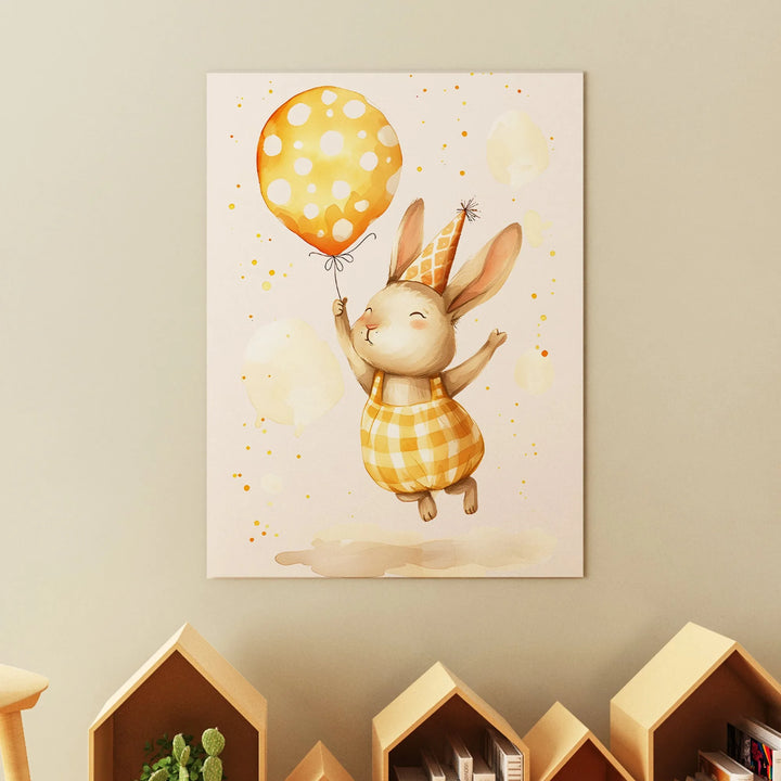 Cute nursery wall art of a bunny in a party hat holding a yellow polka dot balloon