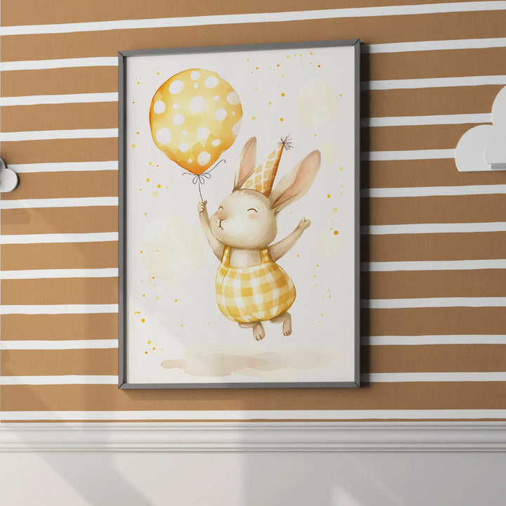 Birthday Bunny Nursery Poster – Cute Kids Room Wall Art with Yellow Balloon - iCustomLabel