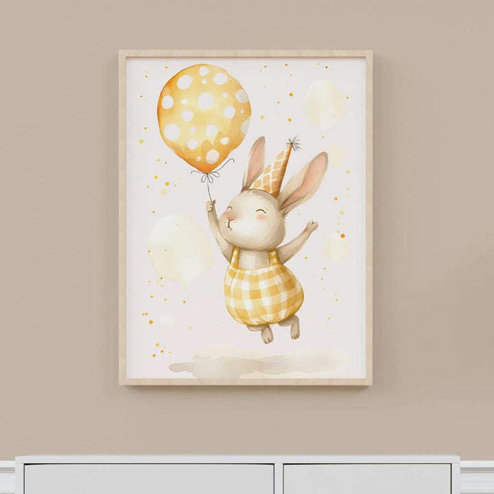 Birthday Bunny Nursery Poster – Cute Kids Room Wall Art with Yellow Balloon - iCustomLabel