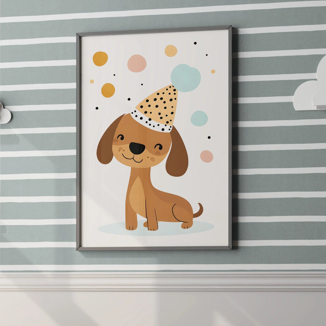 Cute cartoon dog wearing a spotted party hat nursery wall art poster