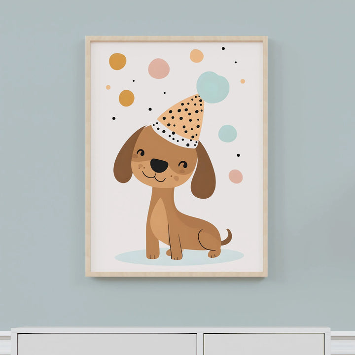 Birthday Pup Poster – Cute Dog Party Hat Nursery Wall Art - iCustomLabel