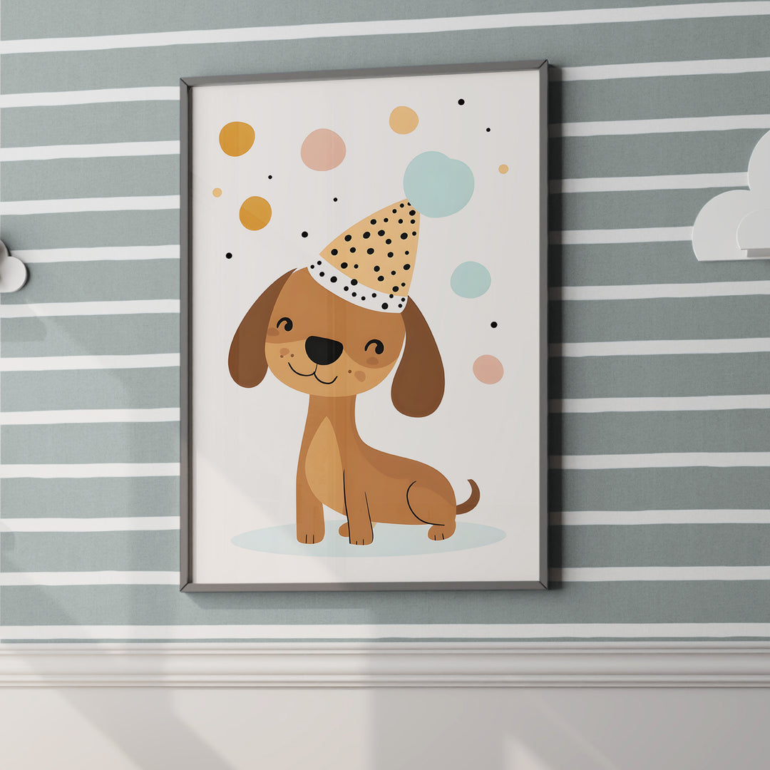 Birthday Pup Poster – Cute Dog Party Hat Nursery Wall Art - iCustomLabel