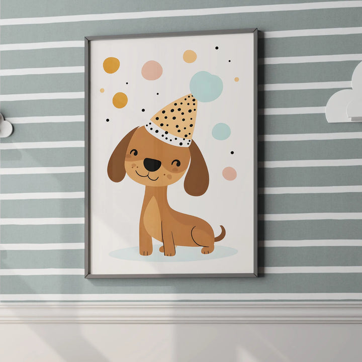Cute cartoon dog wearing a spotted party hat nursery wall art poster