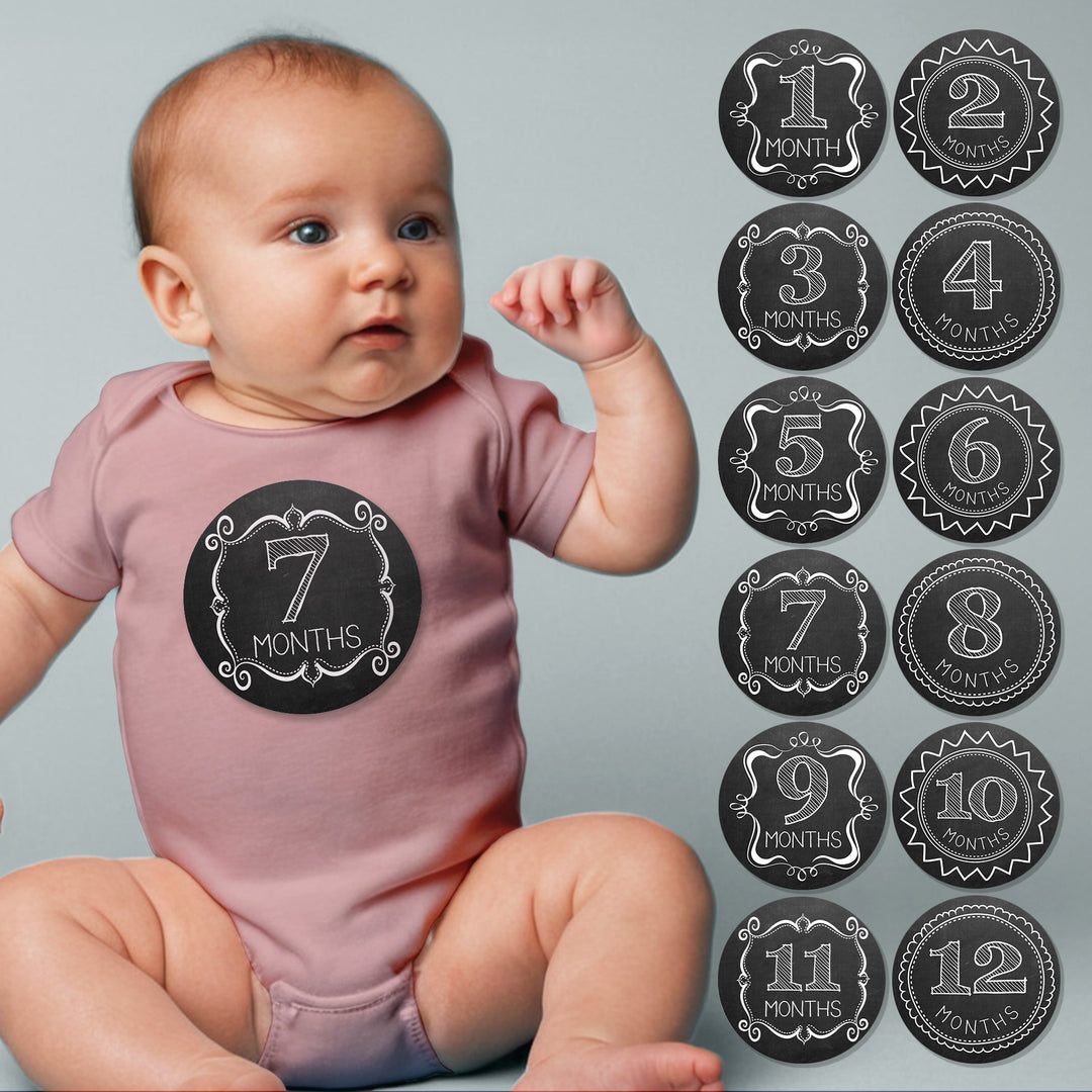 Black and White Chalkboard Baby Month Stickers - iCustomLabel