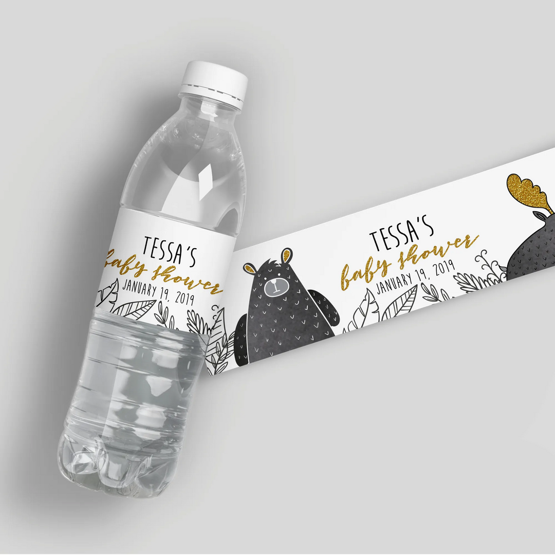 Black And White Forest Baby Shower Water Bottle Labels - iCustomLabel