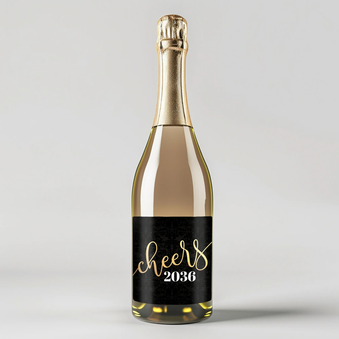 Black Damask Cheers Champagne Label - iCustomLabel