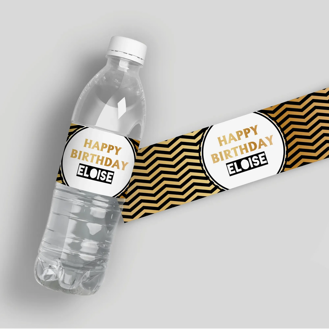 Black Gold Chevron Birthday Water Bottle Labels - iCustomLabel