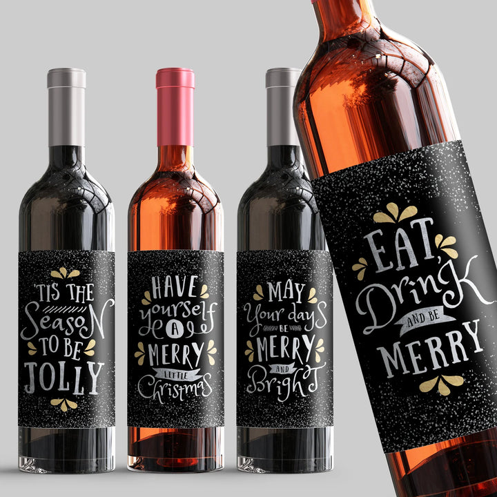 Black Gold Christmas Wine Label Set