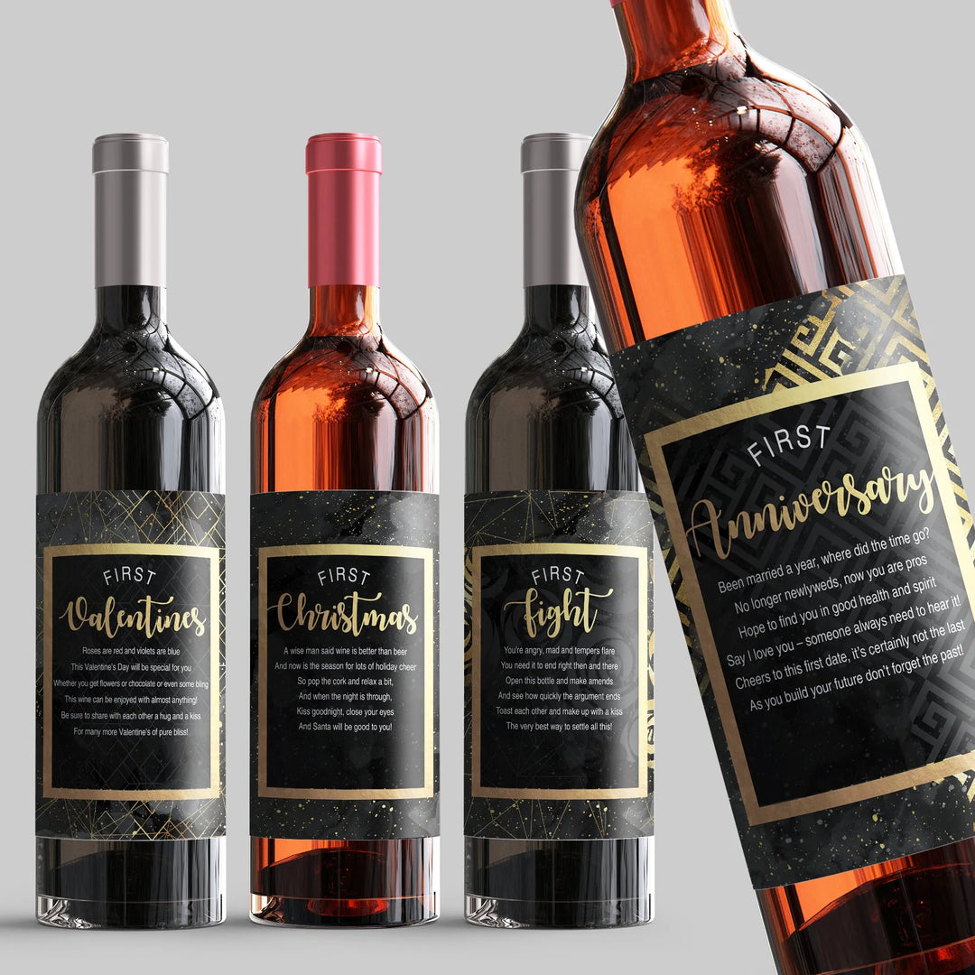 Black Gold Wedding Milestone Wine Label Set - iCustomLabel