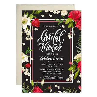 Black Red Floral Bridal Shower Invitations - iCustomLabel