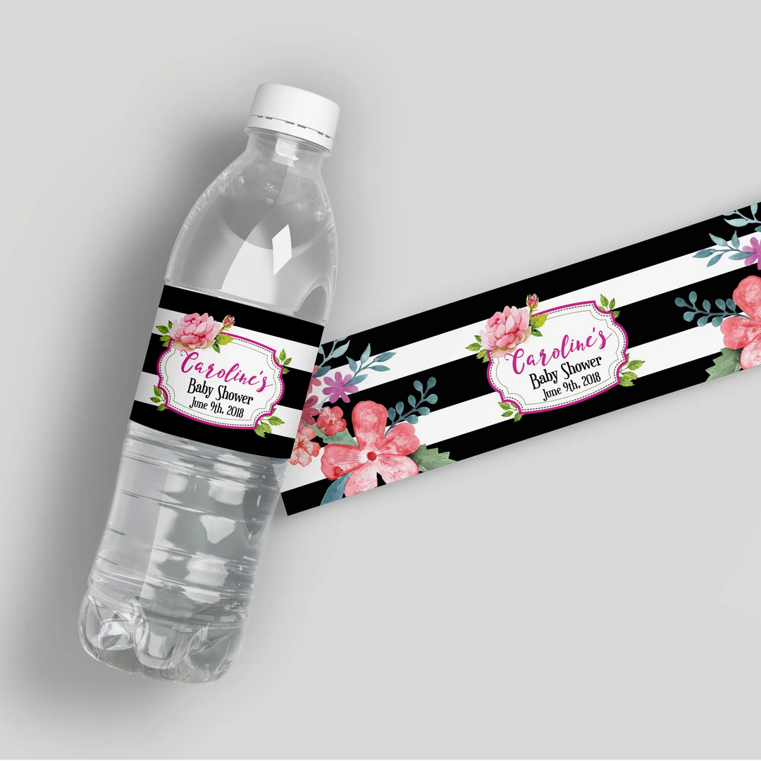 Black Striped Baby Shower Water Bottle Labels - iCustomLabel