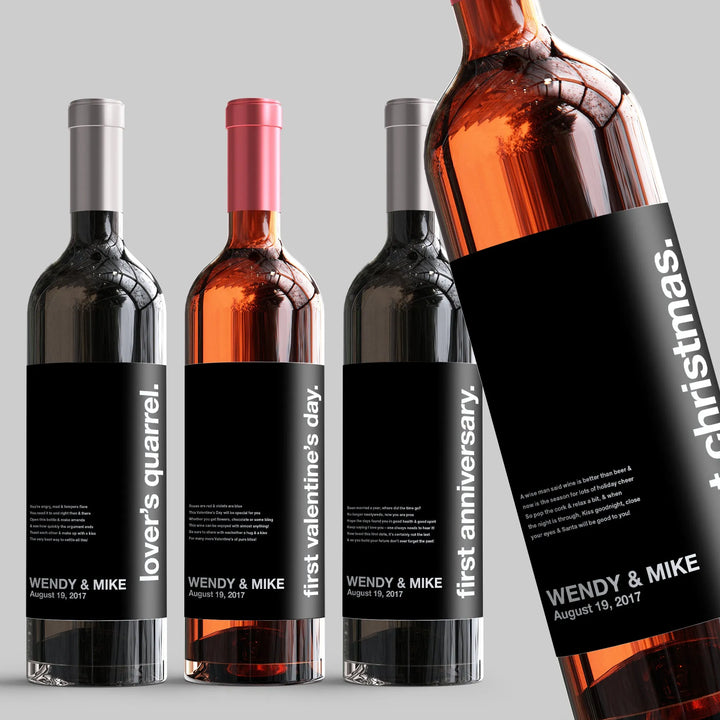 Black Swiss Wedding Milestone Wine Label Set - iCustomLabel