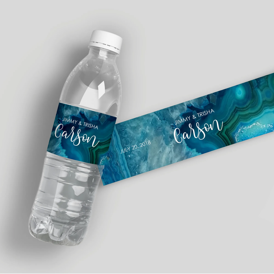 Blue Agate Wedding Water Bottle Labels - iCustomLabel