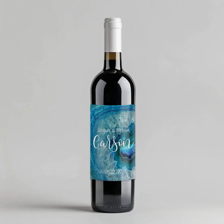 Blue Agate Wedding Wine Label - iCustomLabel