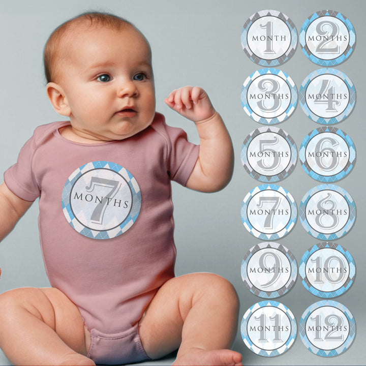 Blue Argyle Baby Month Stickers - iCustomLabel