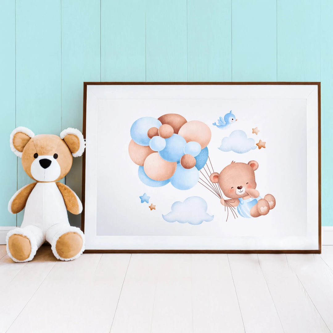 Nursery wall art of cute bear with blue and peach balloons, clouds, and stars beside teddy bear