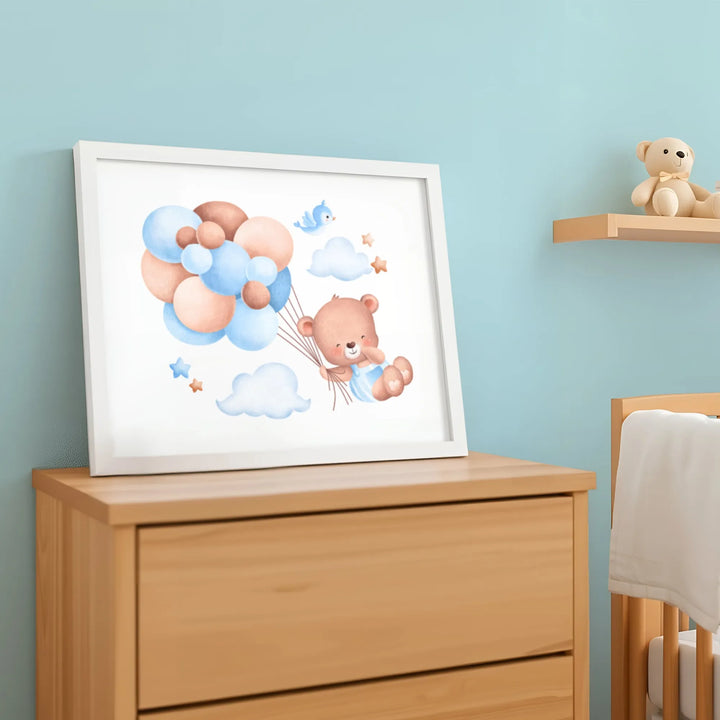 Blue Balloon Bear Nursery Poster – Cute Kids Room Wall Art - iCustomLabel