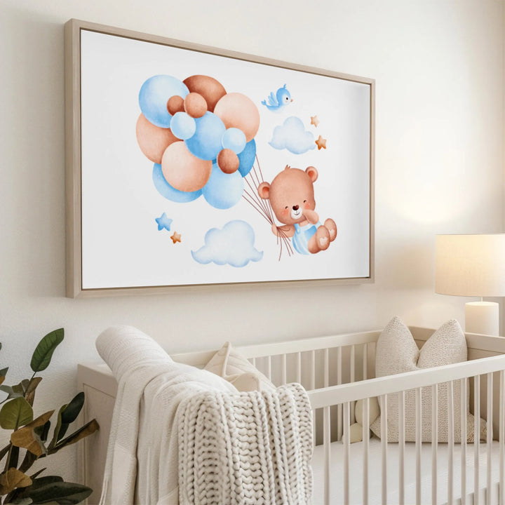 Blue Balloon Bear Nursery Poster – Cute Kids Room Wall Art - iCustomLabel