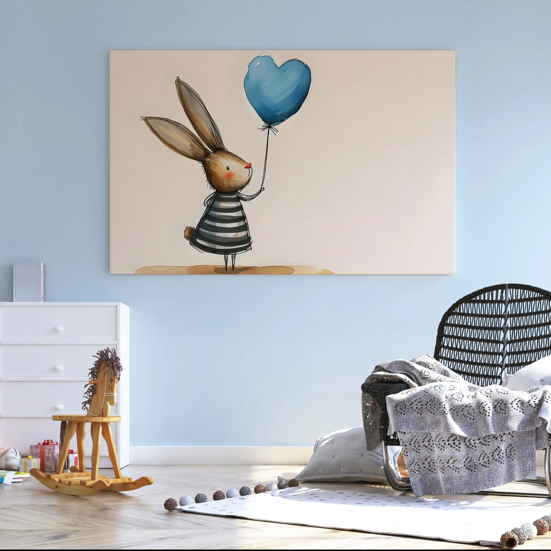 Nursery room wall art of striped bunny holding blue heart balloon above wooden rocking horse and cozy chair