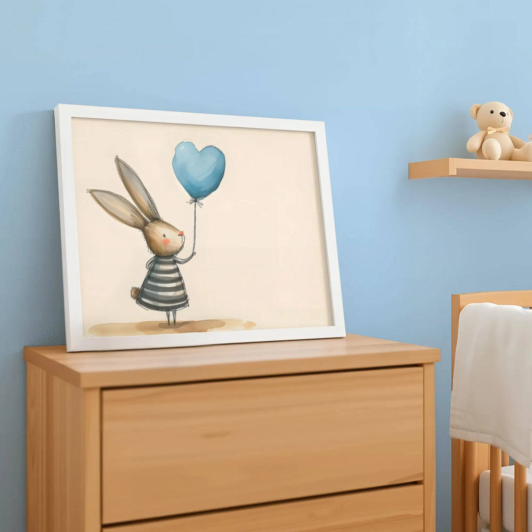 Blue Bunny Balloon Nursery Poster – Cute Kids Room Wall Art with Stripes - iCustomLabel
