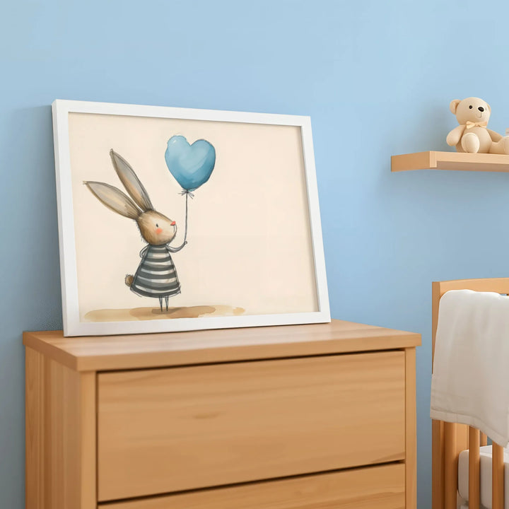 Blue Bunny Balloon Nursery Poster – Cute Kids Room Wall Art with Stripes - iCustomLabel