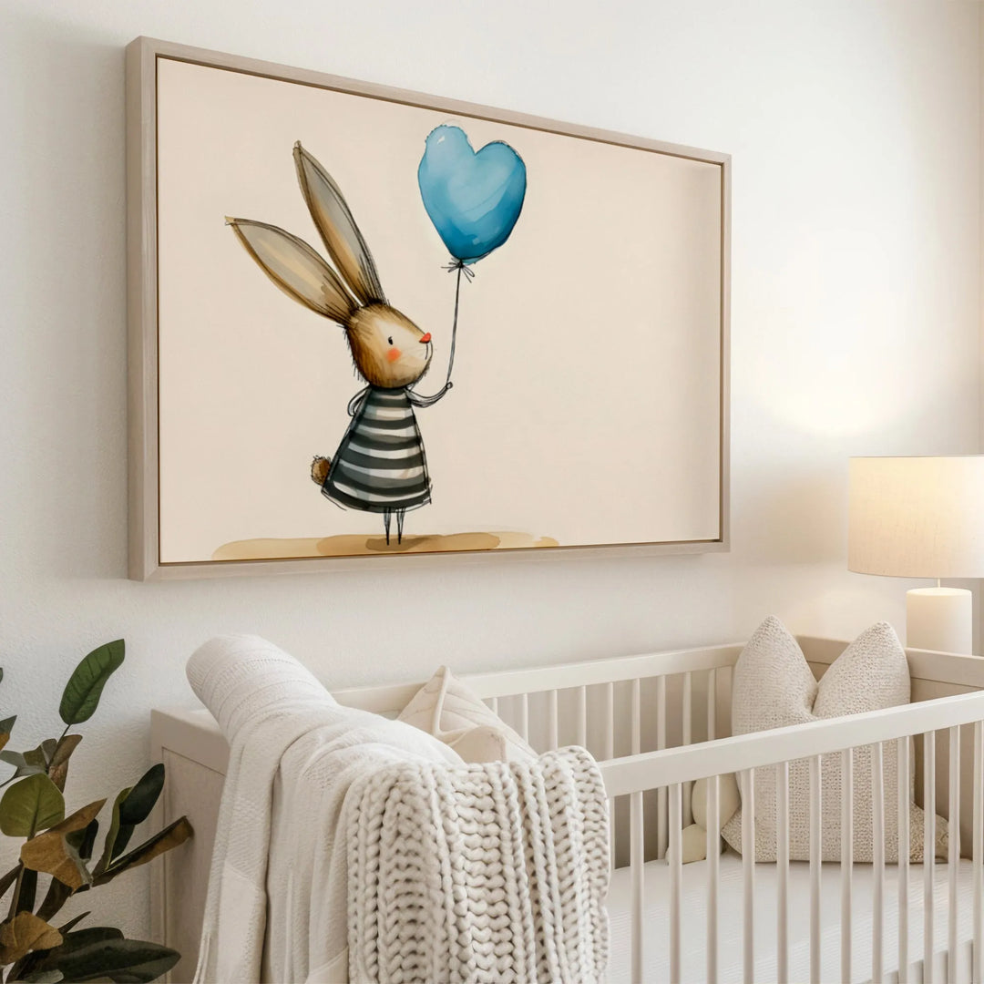 Blue Bunny Balloon Nursery Poster – Cute Kids Room Wall Art with Stripes - iCustomLabel