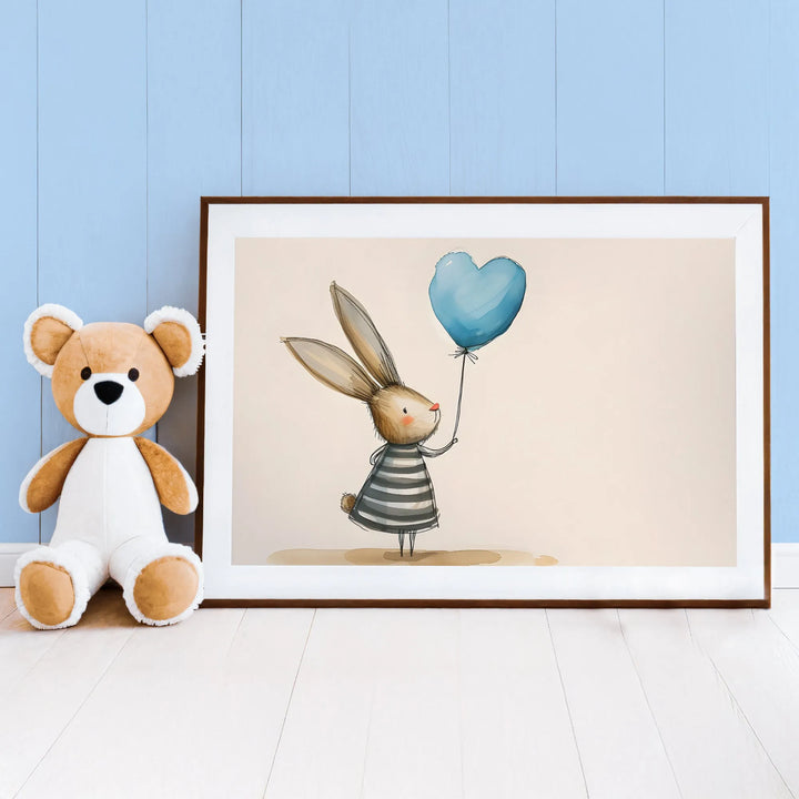 Blue Bunny Balloon Nursery Poster – Cute Kids Room Wall Art with Stripes - iCustomLabel