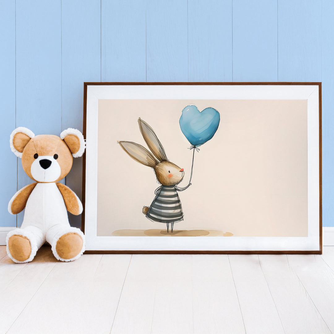 Blue Bunny Balloon Nursery Poster – Cute Kids Room Wall Art with Stripes - iCustomLabel