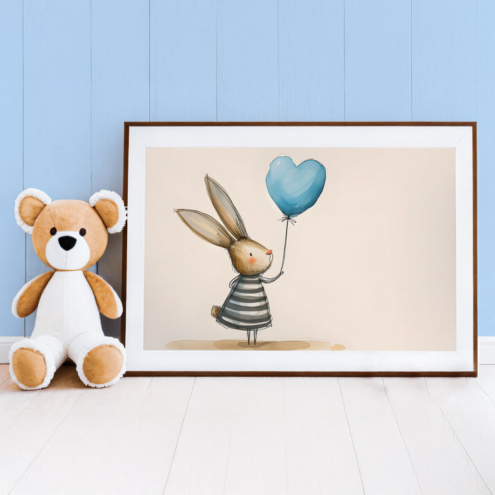 Blue Bunny Balloon Nursery Poster – Cute Kids Room Wall Art with Stripes - iCustomLabel