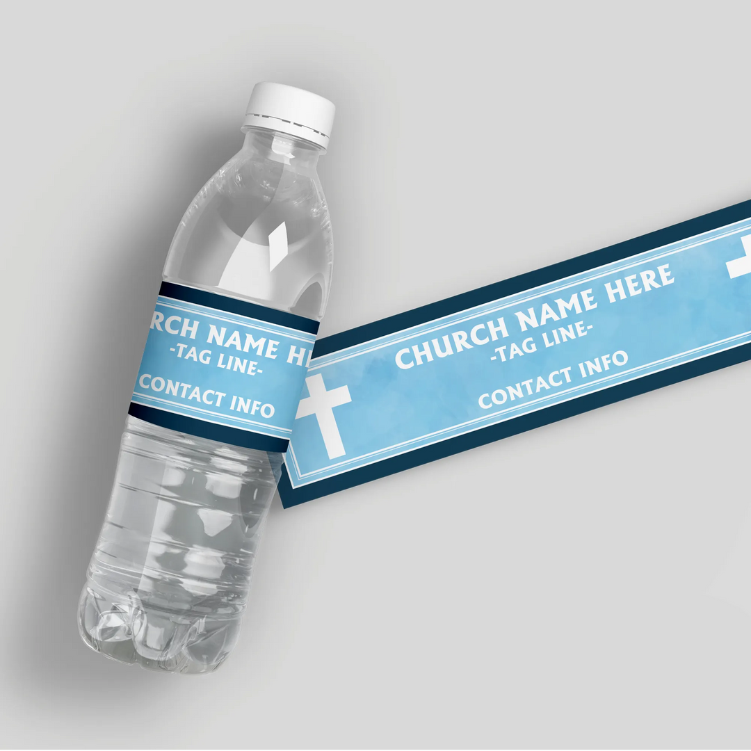 Blue Church Water Bottle Labels - iCustomLabel