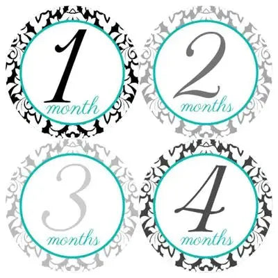 Blue Damask Baby Month Stickers - iCustomLabel