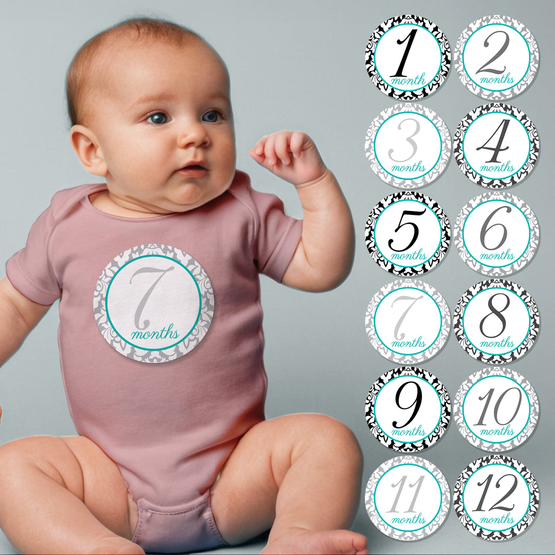 Blue Damask Baby Month Stickers - iCustomLabel