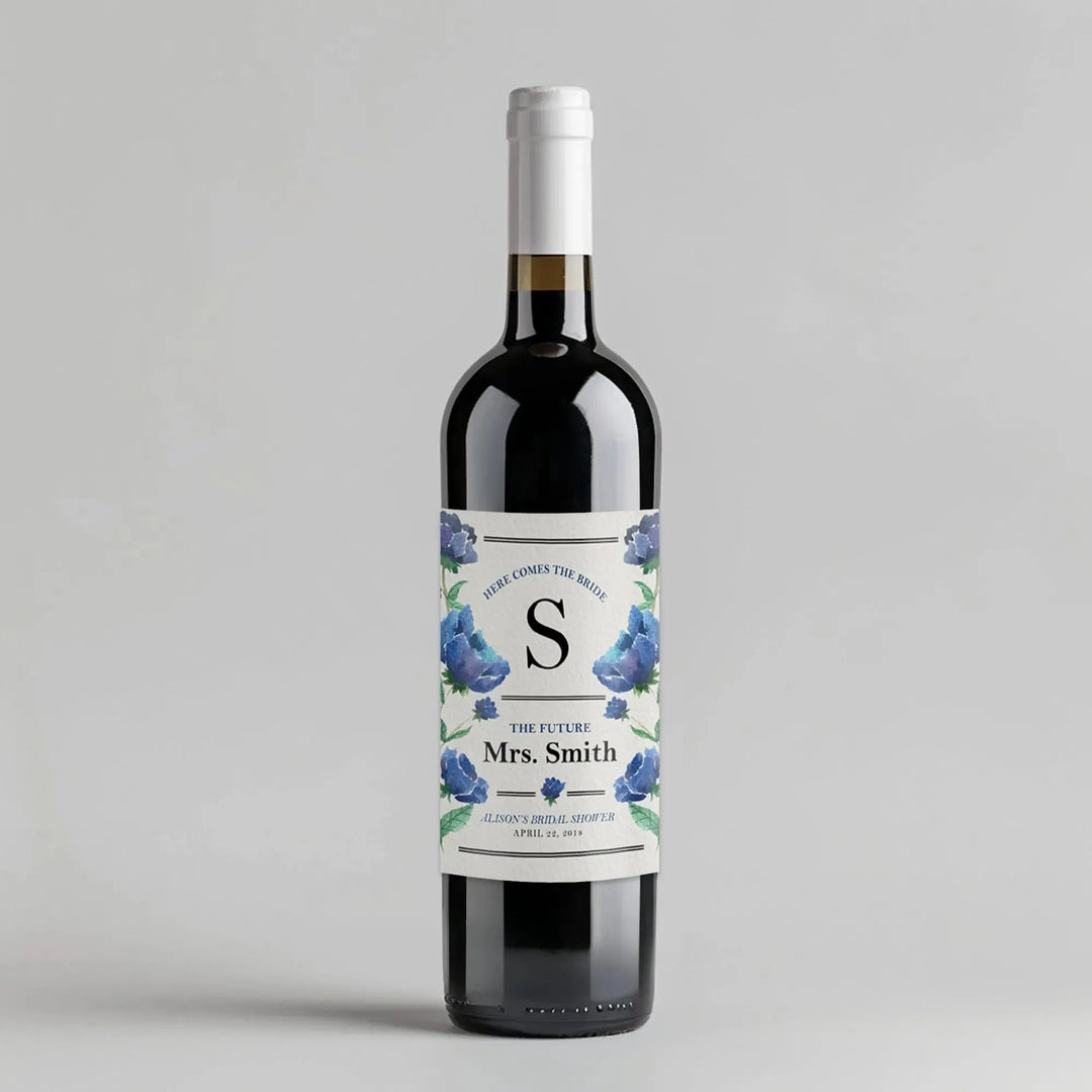 Blue Floral Bridal Shower Wine Label - iCustomLabel