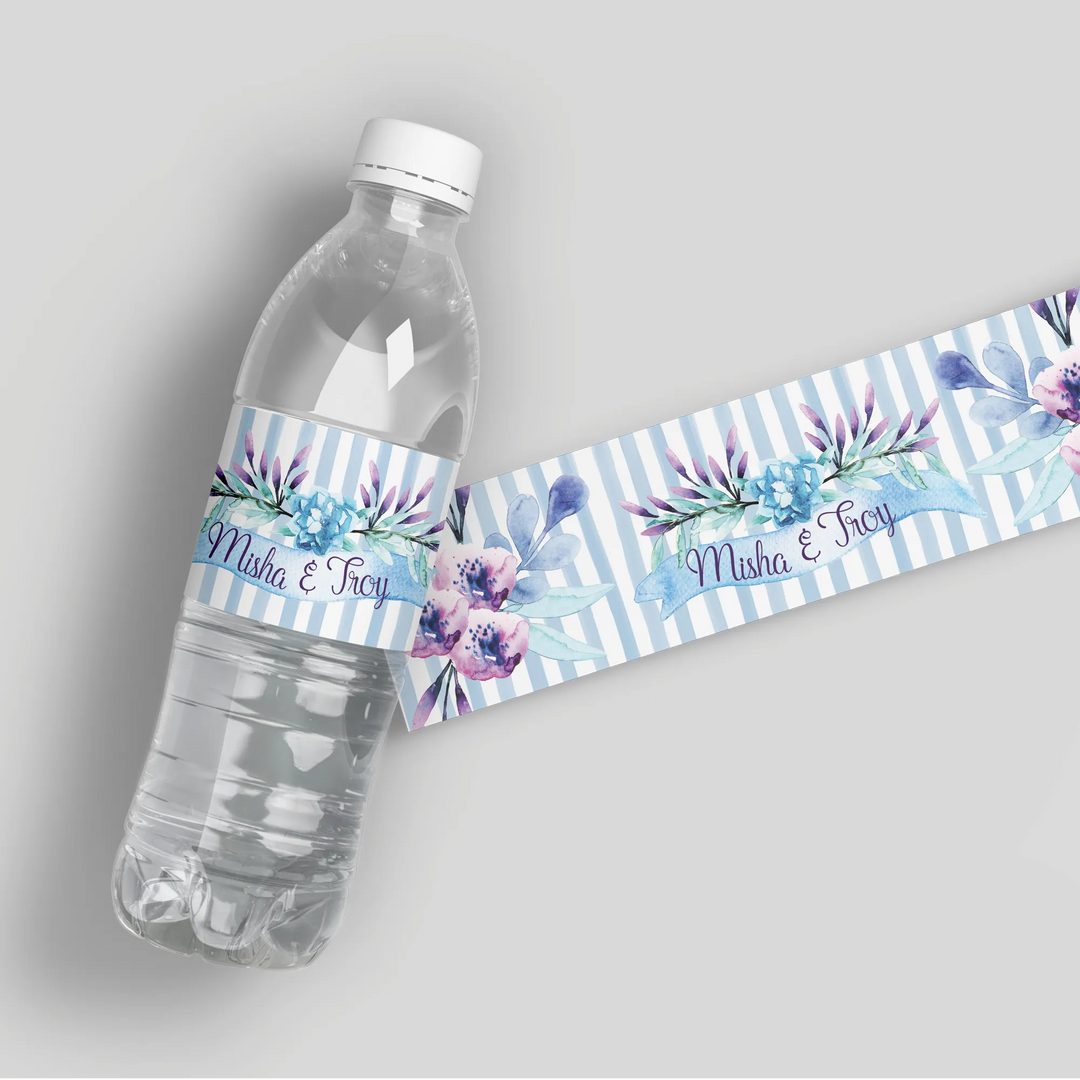 Blue Floral Watercolor Water Bottle Labels - iCustomLabel