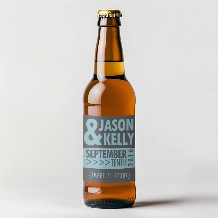 Amber beer bottle with blue grey custom wedding label, Jason & Kelly, Imperial Stout