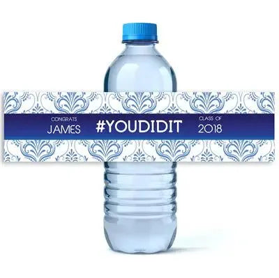 Blue Ornate Graduation Water Bottle Labels - iCustomLabel