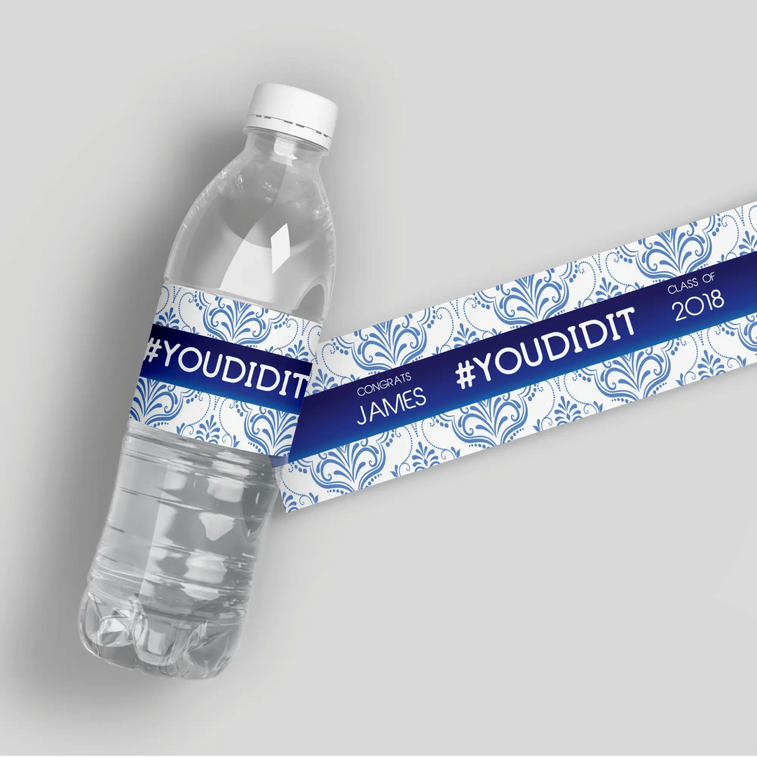 Blue Ornate Graduation Water Bottle Labels - iCustomLabel