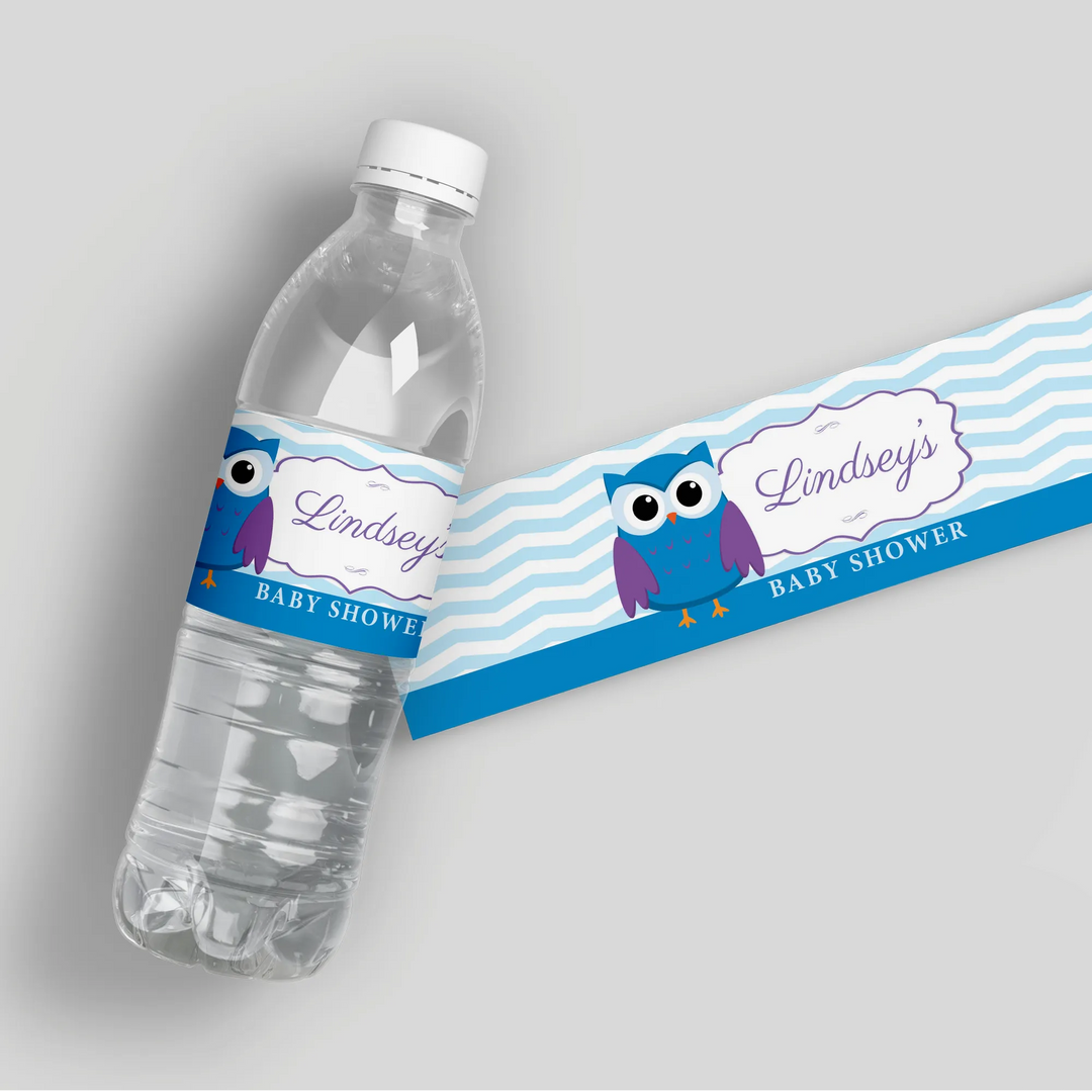 Blue Owl Baby Shower Water Bottle Labels - iCustomLabel