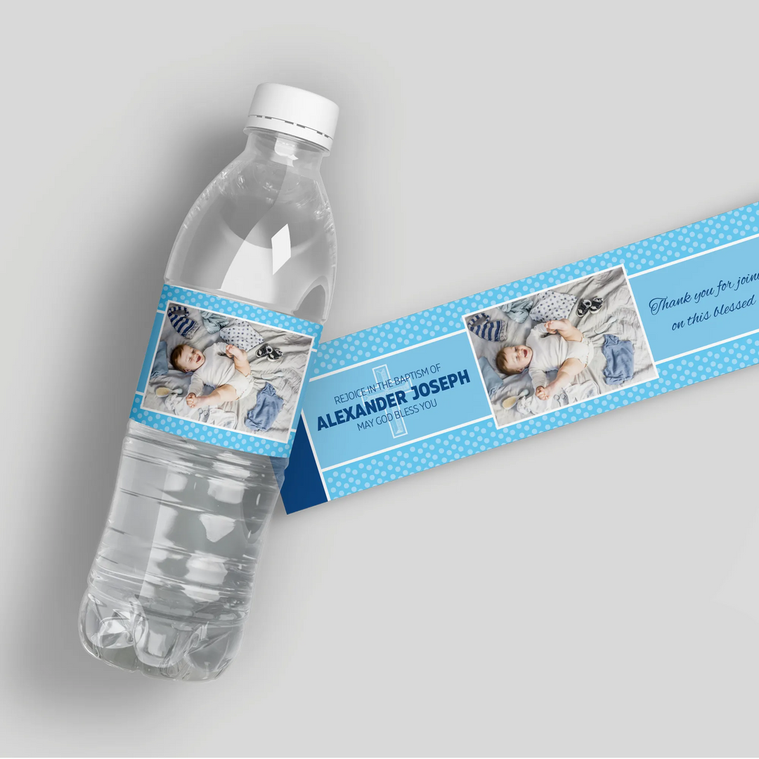 Blue Rejoice Baptism Water Bottle Labels - iCustomLabel