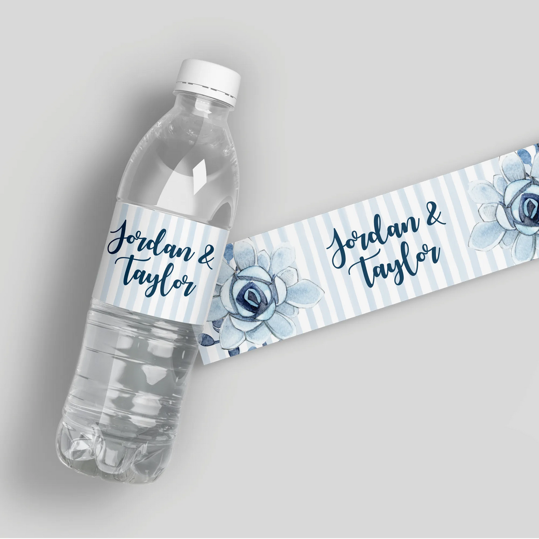 Blue succulent water bottle label with striped background and custom names Jordan & Taylor