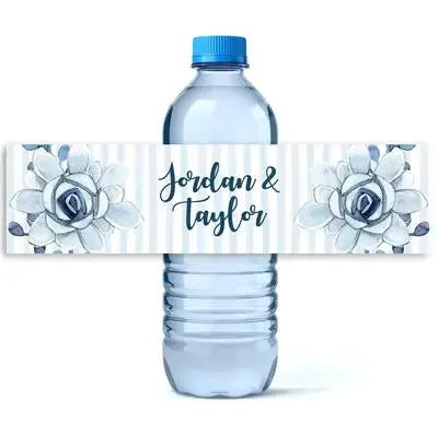 Blue water bottle with custom succulent label, featuring watercolor florals and elegant script