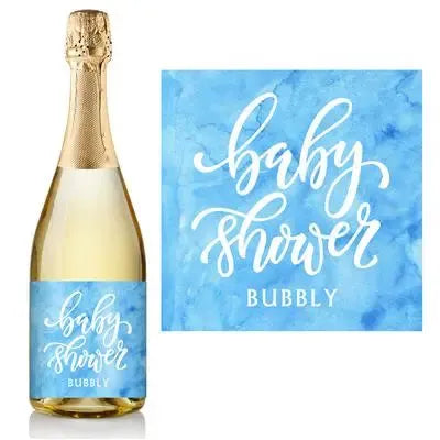 Blue Watercolor Baby Shower Champagne Label - iCustomLabel