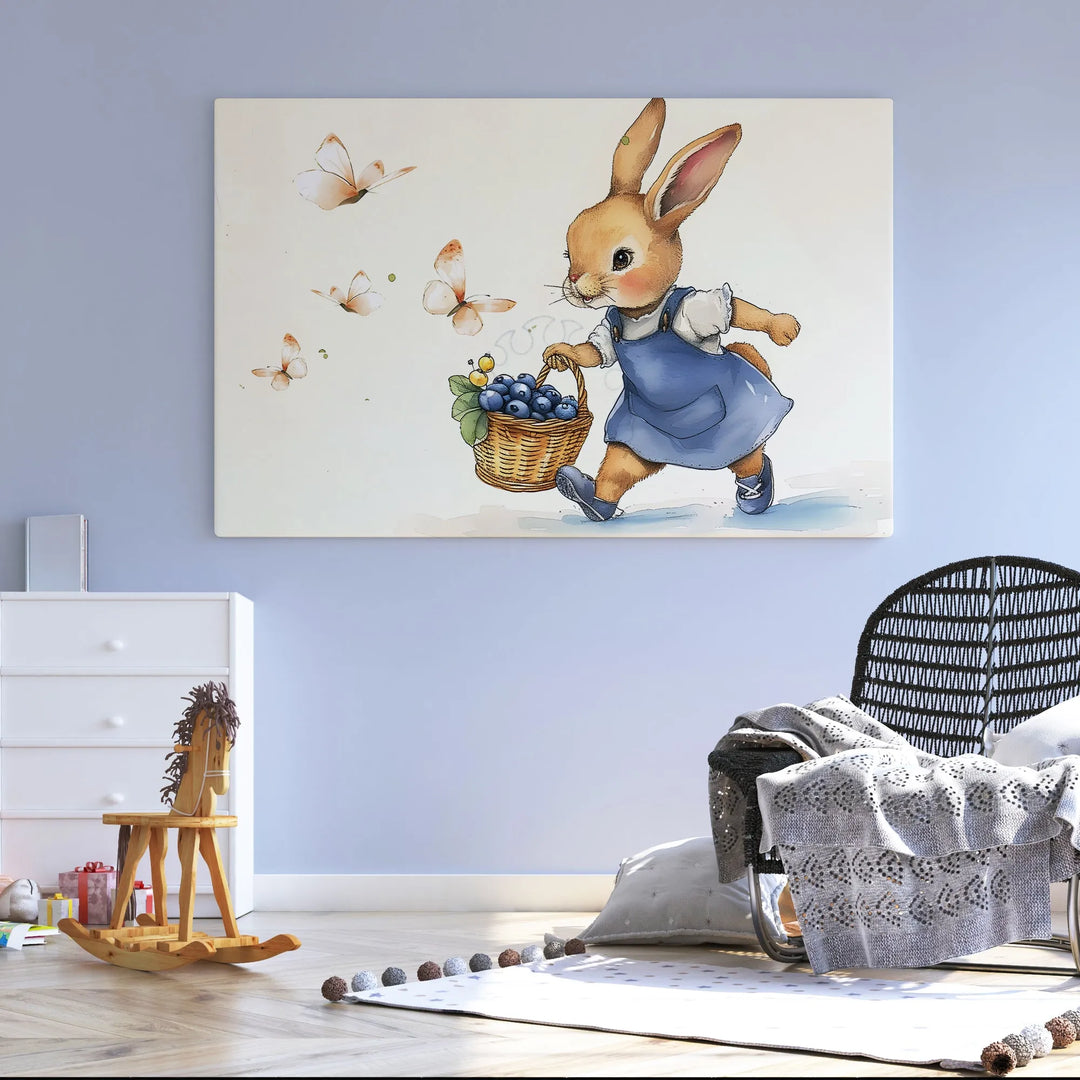 Nursery wall art featuring a cute rabbit in blue dress with basket of blueberries and butterflies